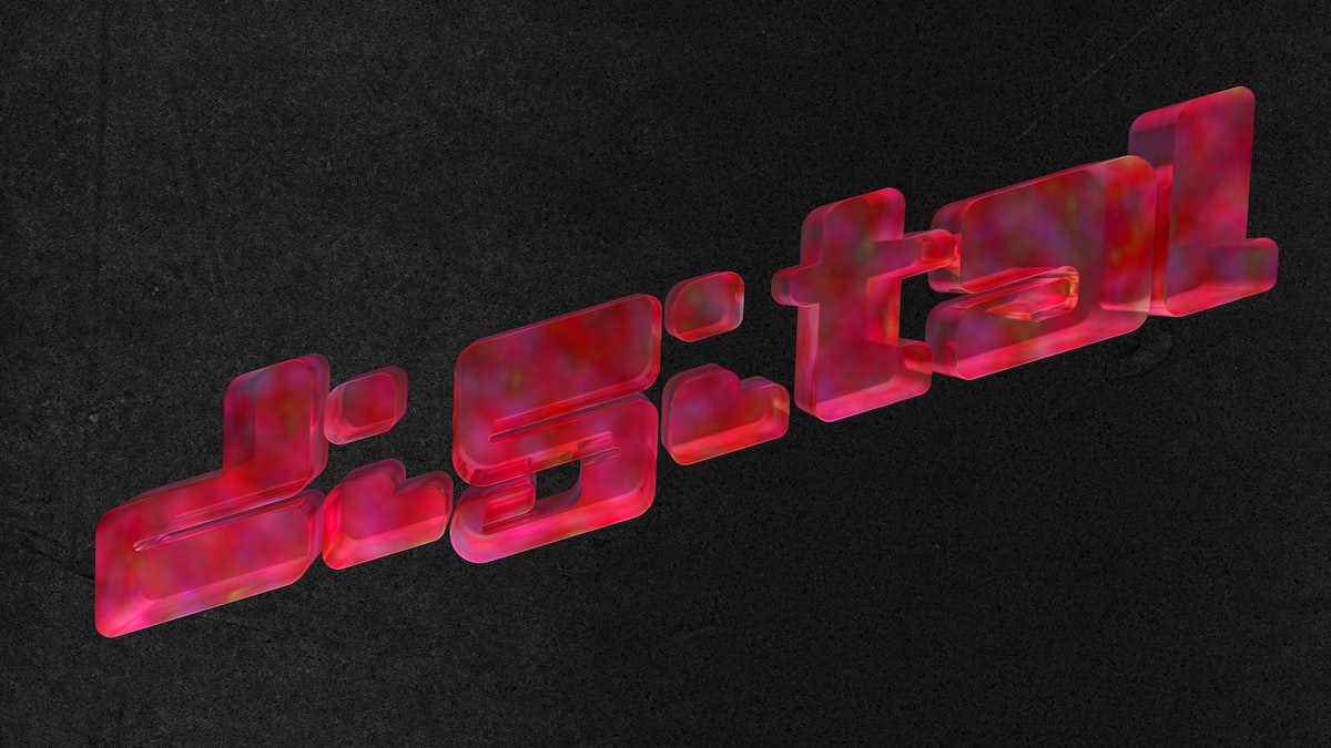 Red translucent 3D text on dark background